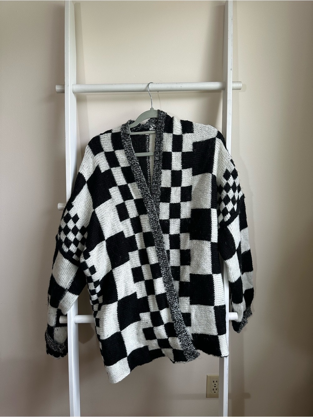 Black & White Checkerboard Open-Front Sweater Cardigan